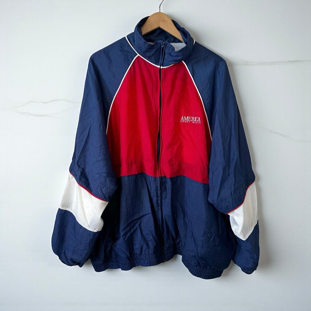 VTG Perry Ellis AMERICA Men's Full Zip Colorblock Windbreaker Jacket Red Blue 2X